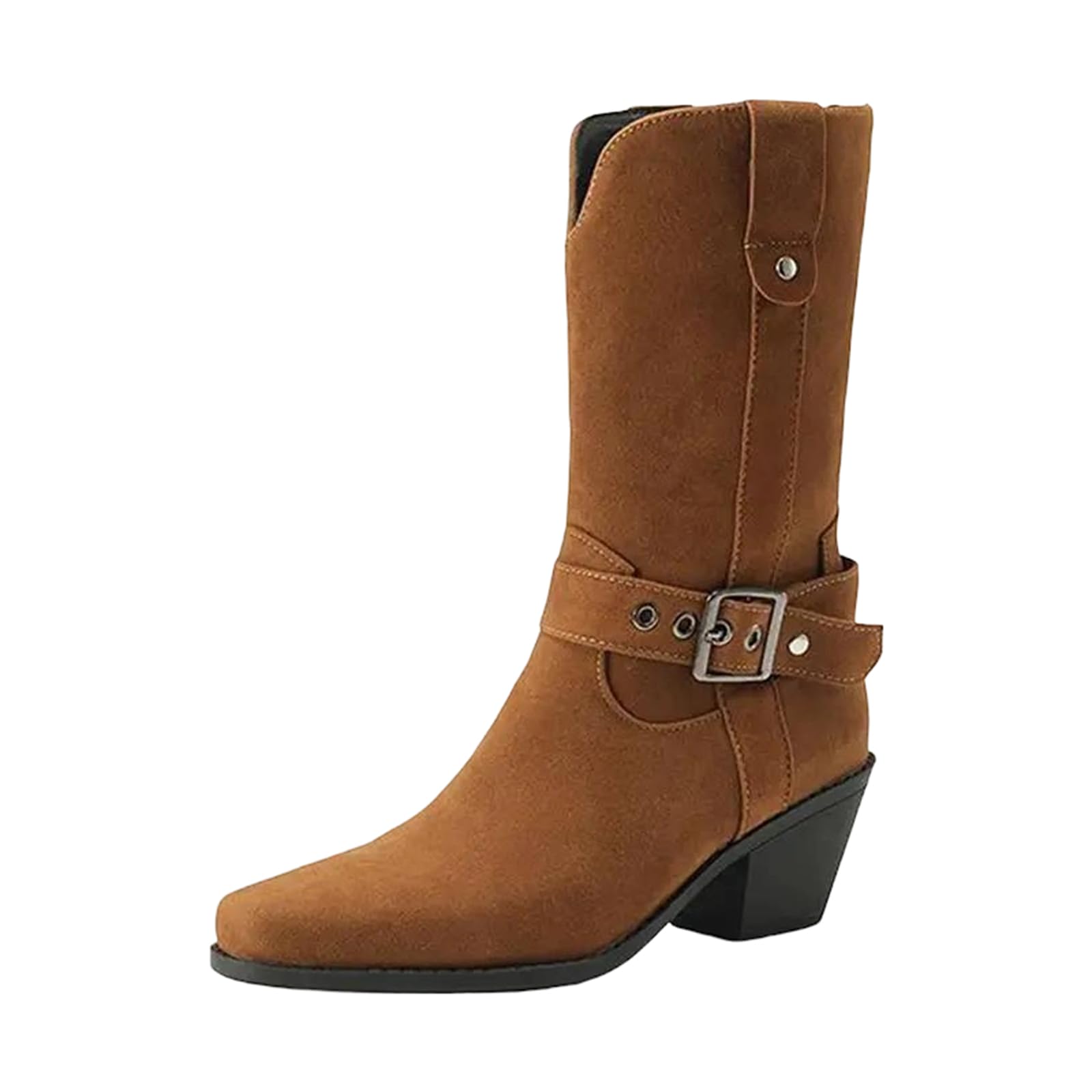 Womens Mid-Calf Western Boots Square Toe Block Heel Slip-On Design With Metal Decoration Casual Daily Retro Style