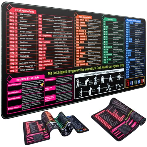 Excel Schreibtischunterlage Deutsch, Großformatige 800x300mm Exel Spickzettel Schreibtischunterlage Mauspad Mousepad Deutsch, Wasserdichte Shortcuts Unterlage Deutsch für Büro und Zuhause