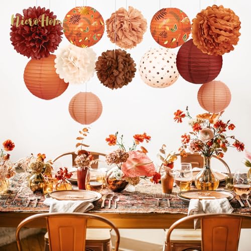 Image of Fall Wedding Decorations, 12 PCS Carmine Rust Orange Brown Tissue Pom Poms and Paper Lanterns for Rustic Classical Wedding, Retro Bridal Shower, Fall Baby Shower Party