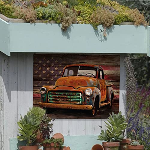 Vintage American Flag Metal Tin Sign Wall Decor, Retro Old Truck With Usa Flag Style Plaque Sign Decor For Man Garage, Cafe, Bar, Cave, Kitchen 12X16 Inch #TOP5