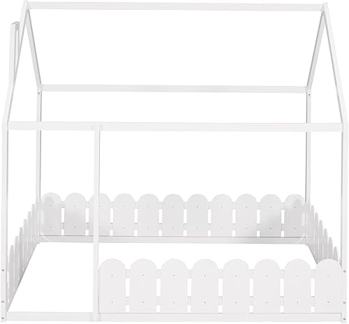 Miniatura 7 de MERITLINE Cama de casa tamaño matrimonial para niños con valla, camas Montessori con techo, cama de piso completo de madera, marco de cama para