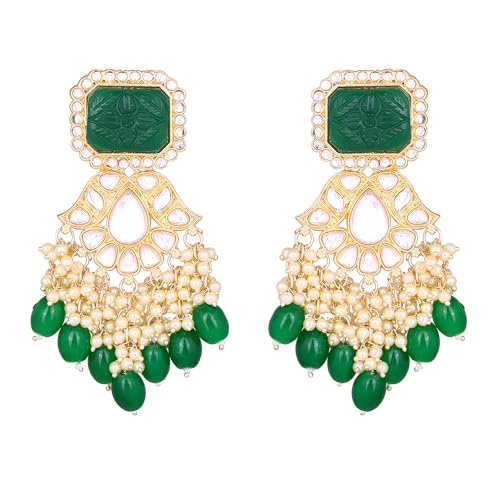 Gehena by Estele Gold Plated Fashionable Kundan Drop Earrings with Beads for Girls/Women
