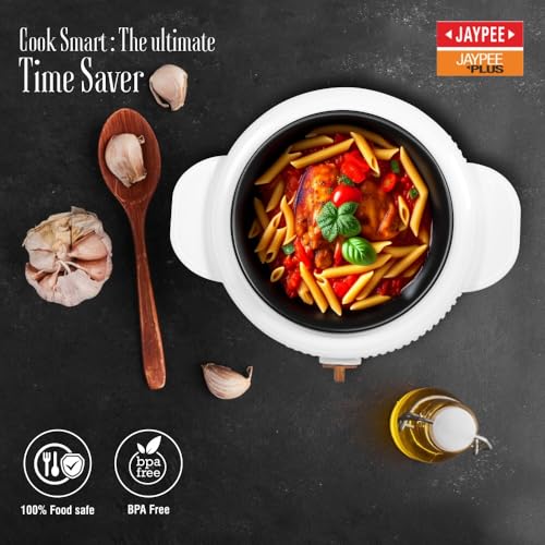 Image of Jaypee Plus Electric CookSmart Casserole with Teflon NonStick Coating Bowl for Reheating & Cooking, Serving Casserole Wooden Finish Lid & Regulator Knob Toughened Glass Lid, 2000 ml, White