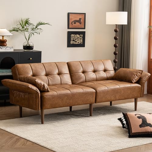 HALLYBEE 85” Futon Sofa Bed, Sleeper Sofa, Small Couch with Storage Adjustable Armrests Pillows, Faux Leather Loveseat, Mid Century Modern Couches for Living Room, Bedroom, Apartment, Brown
