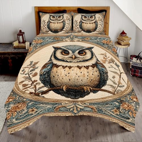 Owl Quilt Set Full/Queen/King - Floral Pattern Comforter for Adults, Girls, Women - Custom Bedding for Owl Lovers - Bedroom Decor