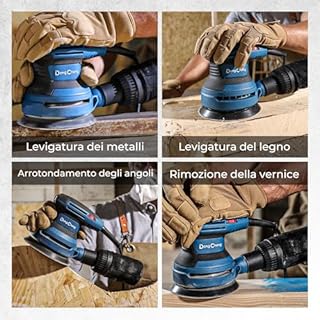 Dong Cheng Levigatrice eccentrica 380 W, 125 mm, 6 vel., orbitale 8000-12800 giri/min, con depolveratore, 20 dischi abrasivi, ideale per legno