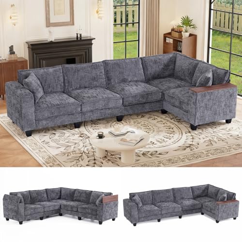 Image of 126 inch L Shaped Sectional Couch, Comfy Chenille Sectional Couch, Modular Convertible V Shaped Couch, 5 Seat Corner Sofa with 2 Pillows & Storage Armrests for Living Room, Grey