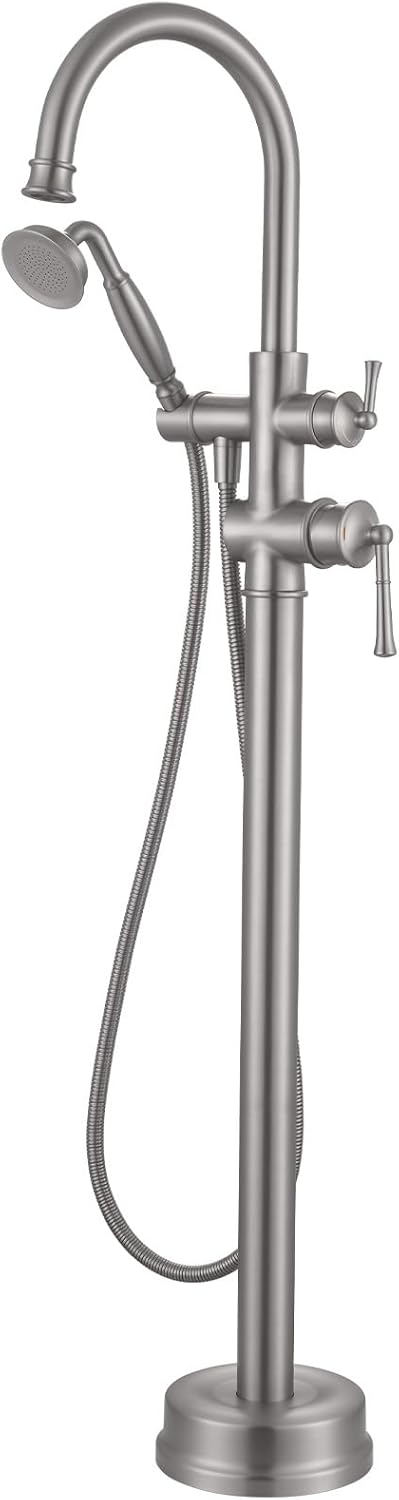 Freestanding Bathtub Faucet, Floor Mount Tub Faucet Brushed Nickel High Flow Tub Filler, Roman Tub Faucet with Antique Handheld, Swivel Gooseneck Spout Shower Mixer Taps (B2311-BN)
