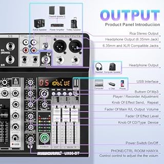 6 Channel Audio Interface Sound Board Mixing Console 16-Bit DSP DJ Mixer Audio Reverb Effect +48V Phantom Bluetooth Studio Audio Mixer For Karaoke Studio Streaming Recording