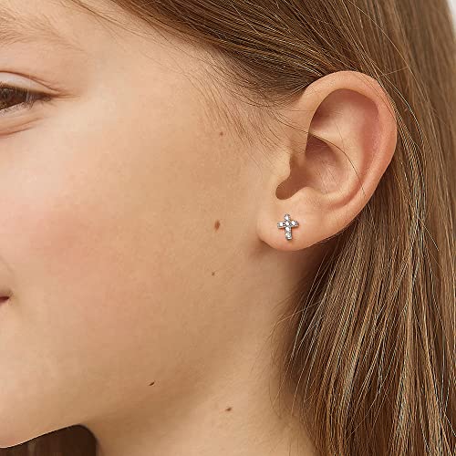 925 Sterling Silver Young Girl's Little Cross Stud Earrings With Clear Cz & Safety Screw Backs - Hypoallergenic Clear Cubic Zirconia Kids Earrings For Toddler Girls, Pre-Teen, Teens #TOP2