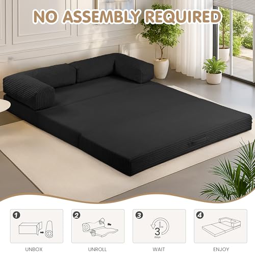 5-in-1 Convertible Sofa Bed,76" Boneless Couch Tri Folding Floor Mattress with Removable L-Shaped Armrests & Handle,Corduroy Futon Couch Sleeper with Pull Out Bed for Living Room Bedroom Apartment by feliz home - Used condition - Image 9