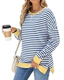 Fashionme Womens Sweatshirt Trendy Tunic Tops Striped Side Slit Long Sleeve Spring T-Shirts Shirts Loose Casual Crewneck