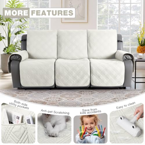 Image of TAOCOCO Waterproof Recliner Sofa Cover Non Slip for Reclining Couch 3 Seat | 100% Waterproof & Washable Split Couch Cover for Dogs & Pets, 3-Piece Recliner Chair Covers with Straps & Pockets, Ivory