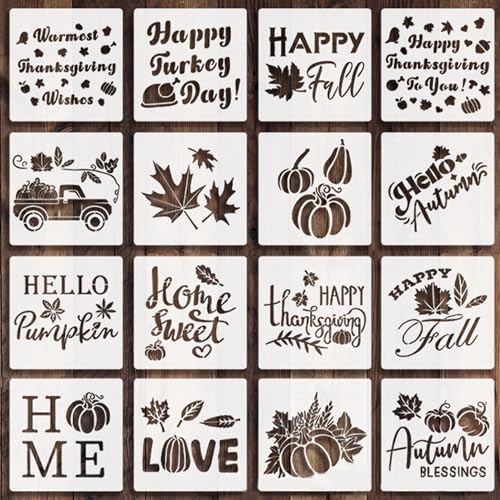 16 Pack Fall Stencils for Painting on Wood 6 Inch Hello Autumn Pumpkin Maple Leaf Truck Stencils Resuable Happy Thanksgiving Templates for DIY Crafts Home Wall Canvas Cookie Window Decor