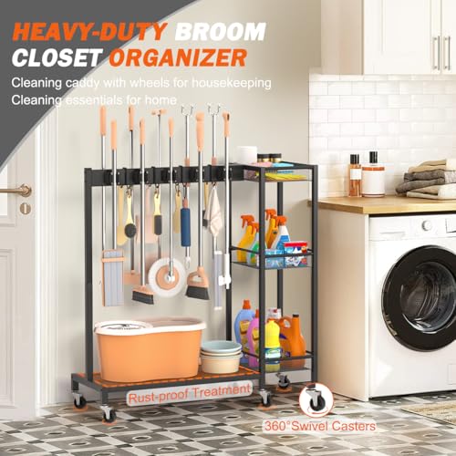 Bikoney Besenhalterung und Gerätehalter – Gartengeräte Halterung mit Gartenwerkzeug Aufbewahrung, Besenhalter mit Haken und Mopphalter, Reinigungswagen für Waschküche und Putzschrank