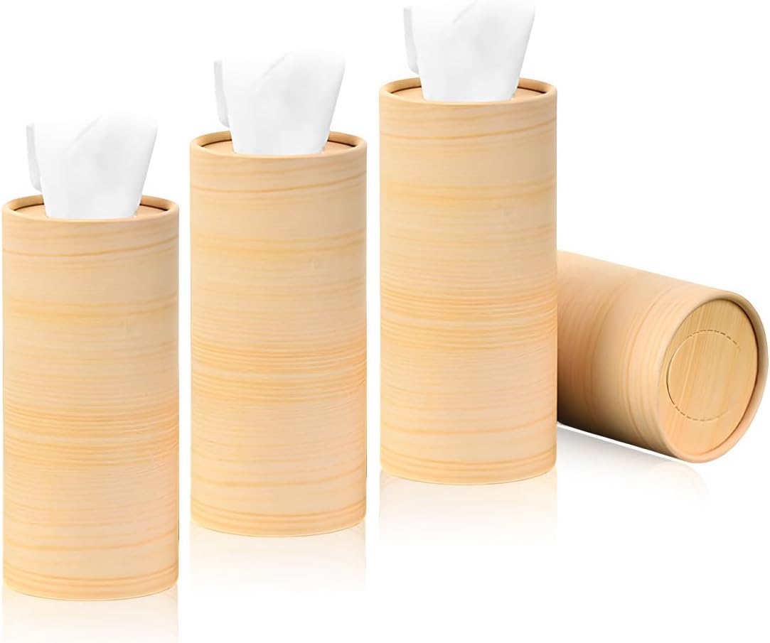 4 PCS Car Tissue Holder, Quick Convenient Refill Cylinder Facial Tissue Holder, Travel Tissues Box Round Container Suitable for Car Cup Holder, Universal Car Accessories (Wood)