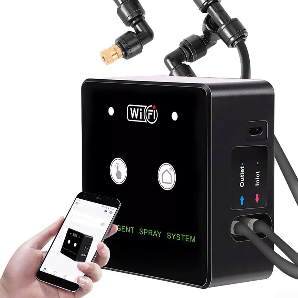 Smart WiFi - Sistema de riego para terrarios (giratorio 360°, niebla con temporización para alta humedad, sistema de pulverización compacto con bomba de aspiración automática y filtro (3 boquillas)