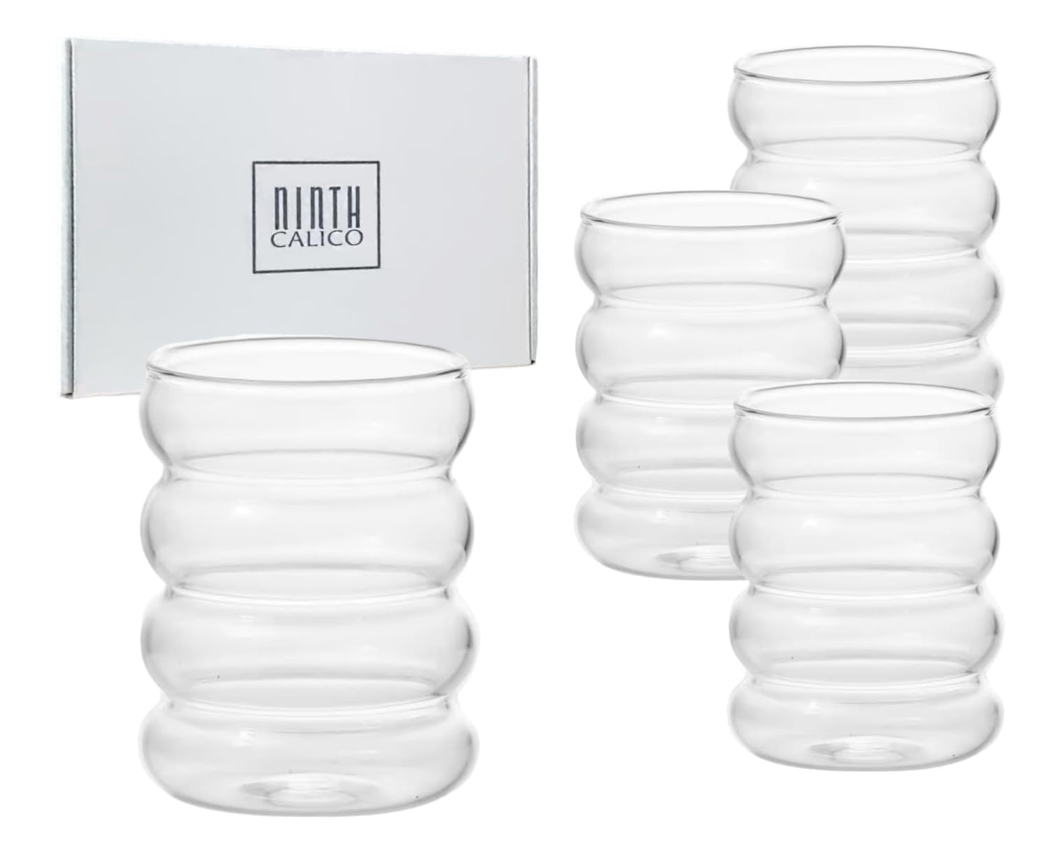 Clear Bubble Glasses Set of 4 - Wavy Rippled Drinking Glassware for Cocktails, Iced Coffee, Espresso, Water, and Soda - Durable, Lead-Free, Dishwasher-Safe, Modern Drinkware