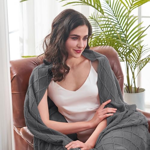 inhand Gestrickte Überwurfdecken für Couch und Bett, weiche, gemütliche Strickdecke mit Quaste, dunkelgrau… – Ansicht 2