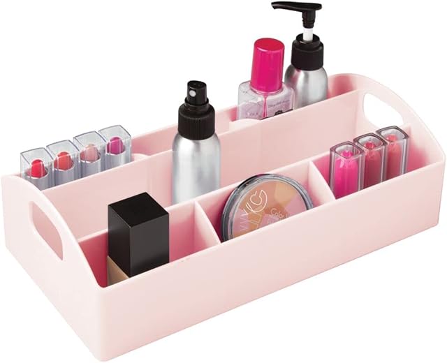 mDesign Makeup Caddy  Cosmetics Organiser Box with 7 Slots and 2 Handles  Makeup Storage Tray with Compartments  Pink