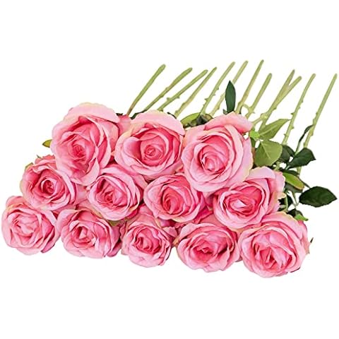 Floralsecret 12 Pcs Artificial Roses Flowers Silk Flower Bouquet Fake Single Stem with Long Stem for Home Wedding Party Garden Decoration (Pink) Cover