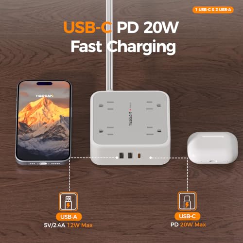 Image of TESSAN Surge Protector Power Strip, 15 Ft Flat Plug Extension Cord with 3 USB (1 USB C 20W PD) 8 Outlets, 1250W, 900J Protection, 3 Sided Outlet Extender with Power Switch for Office, Dorm Room, Grey