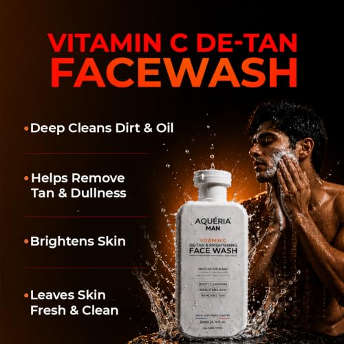 Image of Aqueria De-Tan & Brightening Vitamin C Face Wash | With Lactic Acid & Niacinamide | Deep Cleansing Face Cleanser for Tan Removal, Pigmentation, Dark Spots, Dull & Uneven Skin Tone | Brightens Skin & Gently Exfoliates | Non-Drying Formula for All Skin Types | 200ml | Men & Women Gentle Cleanser