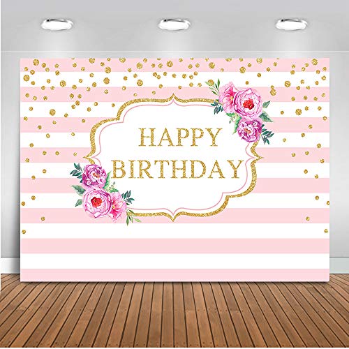 Mehofoto Rose Pink Stripes Birthday Backdrop Gold Dots Birthday Photography Background 7x5ft Vinyl