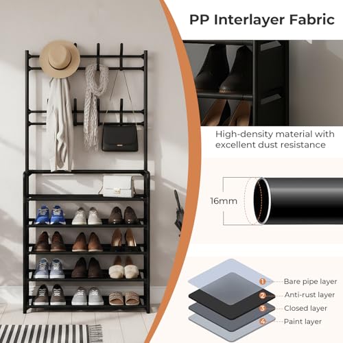 MAXALANCE Coat Rack with Shoe Rack 5 Tiers 169 cm - Shoe Storage Organizer with Hooks, Coat Stand for Hallway, Freestanding Shoe Shelf for Entryway Small Space, Black