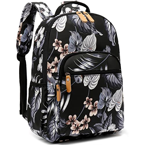 Image of Leaper Water-resistant Floral Laptop Backpack Travel Bag Bookbags Satchel (Leaves-Black)