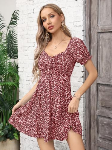 Image of Missufe Women's Puff Short Sleeve Drawstring Ruched Front Fit and Flare Floral Summer Casual Short Dress
