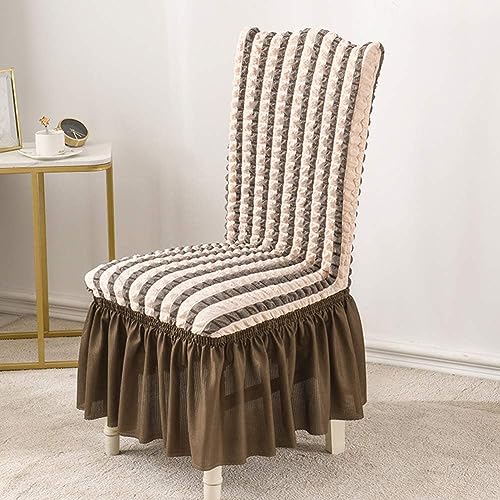 Image of House of Quirk Turkish Bubble Frill Chair Cover Stretch Removable Washable Short Dining Chair Cover Protector Seat Slipcover (Beige Stripe, Pack of 1) Polyester