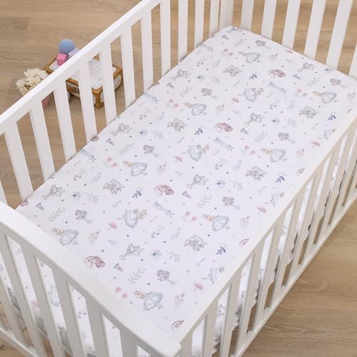 Image of Disney Alice in Wonderland Light Blue, Pink, and White, Rabbit, and Cheshire Cat Super Soft Nursery Fitted Mini Crib Sheet