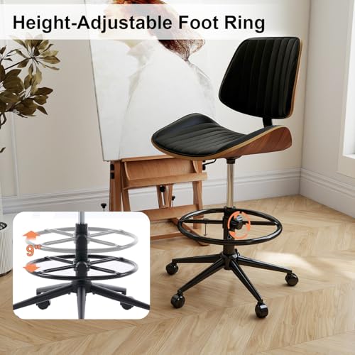 Image of Drafting Chair, Ergonomic Office Chair with Walnut Wood Back Support, Armless PU Leather Desk Chair with Height-Adjustable, Thick Cushion for Home, Bar, Drafting, Office (Black)