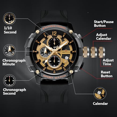 Image of MEGALITH Heavy Duty Watches for Men: Sport Military Analog Wrist Watch | 1 /10 Sec Chronograph, Large Face, Silicone, Waterproof Luminous, Black Everyday Watch, Work Outdoor,Gifts for Husband Father