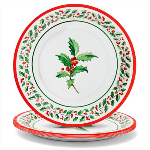 MAXI PRODUCTS - 6 Unidades - Plato Cartón Desechable Navidad Tartán y Acebo - Ø 23 cm - Platos, Vasos, Servilletas y Mantel - Decoración Mesa Navideña - Diseño Tartán - Celebraciones de Navidad