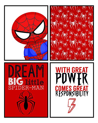 Silly Goose Gifts Dream Big Little Spiderman Room Superhero Spider Wall Art Decor Prints Poster Sign Pictures (Set of 4) 8x10 Nursery Bedroom Playroom Decorations