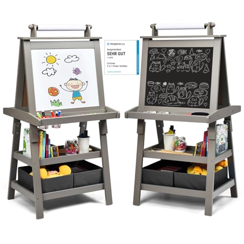 COSTWAY 3 in 1 Kinder Staffelei, Kindertafel doppelseitig, Whiteboard & Kreidetafel & Zeichenpapier, Standtafel inkl. Magneten, 2 Regalebenen Holztafel mit 2 Aufbewahrungsboxen (Grau)