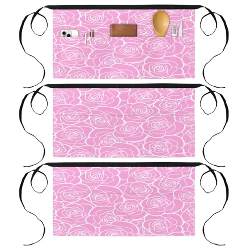 Tablier de cuisine court à 3 poches motif roses pour pâtisserie
