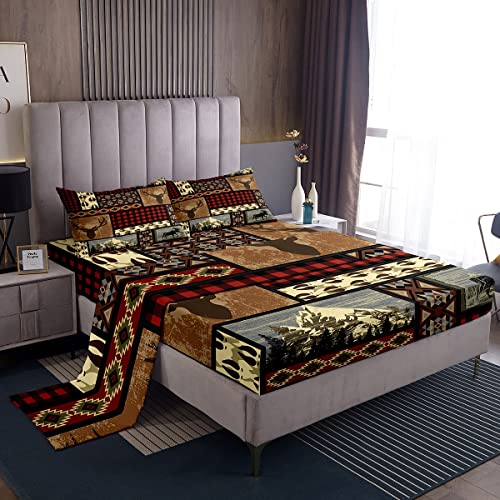 Erosebridal Moose Sheet Set Vintage Western Bed Sheets King,Retro Red and Black Grid Plaid Fitted Sheet Woodland Animal Reindeer Aztec Bed Cover Buffalo Plaid Decor,Geometric Lattice Room De