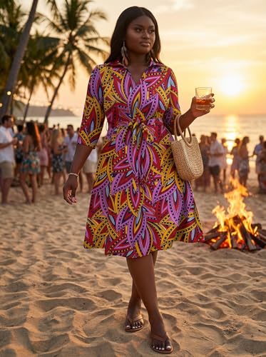 Image of FANDEE Plus Size Midi Dress for Women - Printing Summer Dresses for Wedding Guest Cocktail Party 3 /4 Sleeve V Neck(L-5XL)