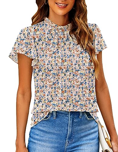 SimpleFun Floral Short Sleeve Shirts for Women Boho Ruffled Collar Summer Top Blouse Pink...