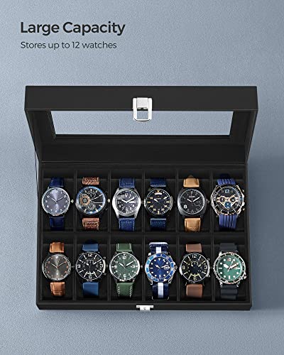 Songmics Watch Box, 12-Slot Watch Case With Large Glass Lid, Removable Watch Pillows, Watch Box Organizer, Gift For Loved Ones, Black Synthetic Leather, Black Lining Ujwb012B01 #TOP4