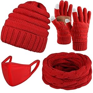 URATOT 4 Pack Winter Strickmütze Schal Handschuhe Set Dicke Mütze und Schal Touchscreen Handschuhe für Männer Frauen