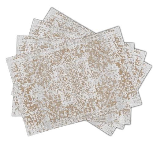 Image of Gray Khaki Boho Placemats Set of 4 Ethnic Bohemian Carpet Place Mats Washable Kitchen Dining Vintage Grey Geography Floral Linen Table Mats Stain Heat-Resistant for Home Party Indoor 12x18 in