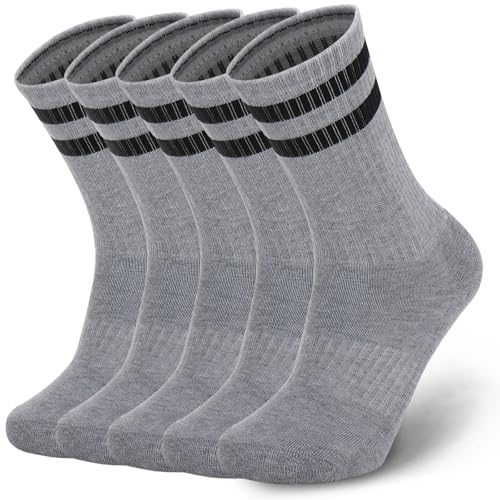 Image of Ultrafun 5 Pairs Striped Crew Socks Cotton Cushioned Athletic Sports Running Socks for Men Women Teens