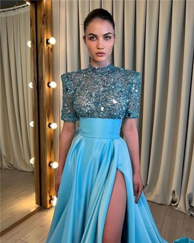 Fair Lady Sequin Prom Dresses for Women 2025 Sparkly Half Sleeves High Neck A Line Satin Formal Evening Ball Gowns with Slit - Image 6