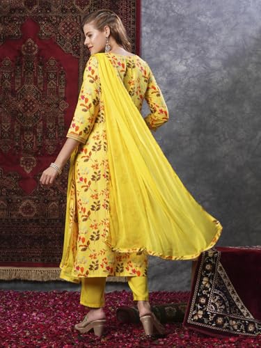 Image of GoSriKi Women's Cotton Blend Printed Straight Kurta and Pant with Dupatta Set