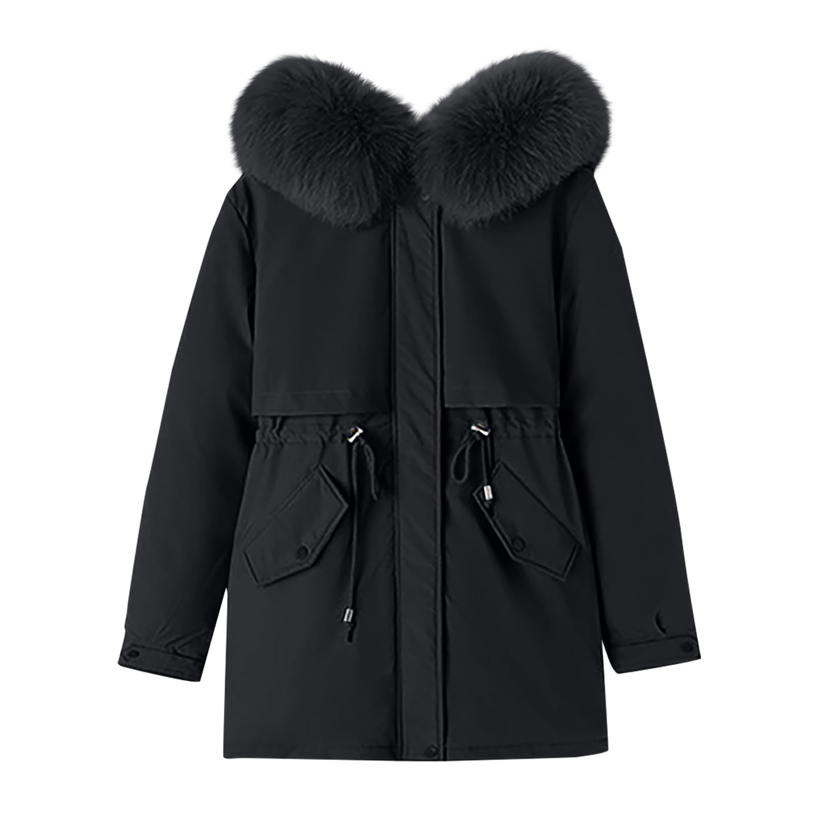 Wintermantel Damen Fellkapuze Mittellang Winterjacke Frauen Warm Gefüttert Winterparka Dicke Mantel Winter Teddyfutter Jacke Elegant Parka Outdoor Winddicht Skijacke Zipper Mit Taschen