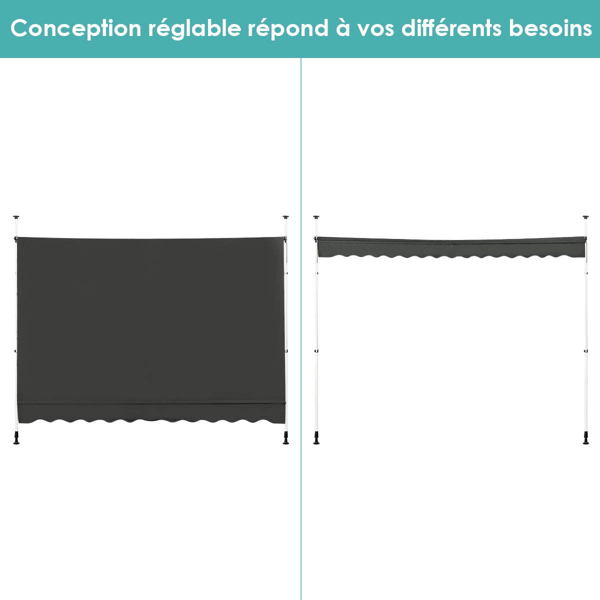 RELAX4LIFE Store Banne Manuel sans Perçage, Auvent Balcon Rétractable avec Manivelle, Tissu Oxford Anti-UV Imperméable, Hauteur Réglable 2-3 M, Store Banne pour Porte Fenêtre (Gris, 300 X 125 cm)